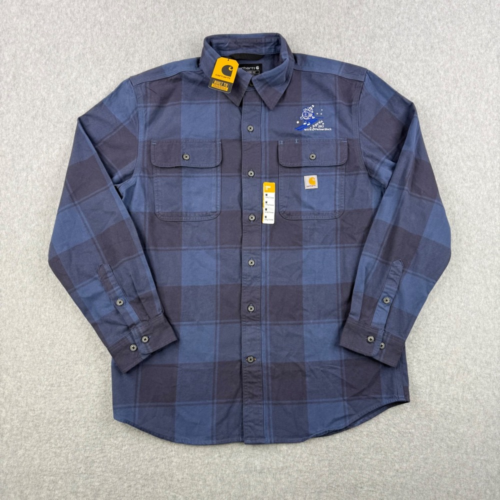 Carhartt Shirt Mens Medium Blue Plaid Flannel Loose Fit Heavyweight Button Up